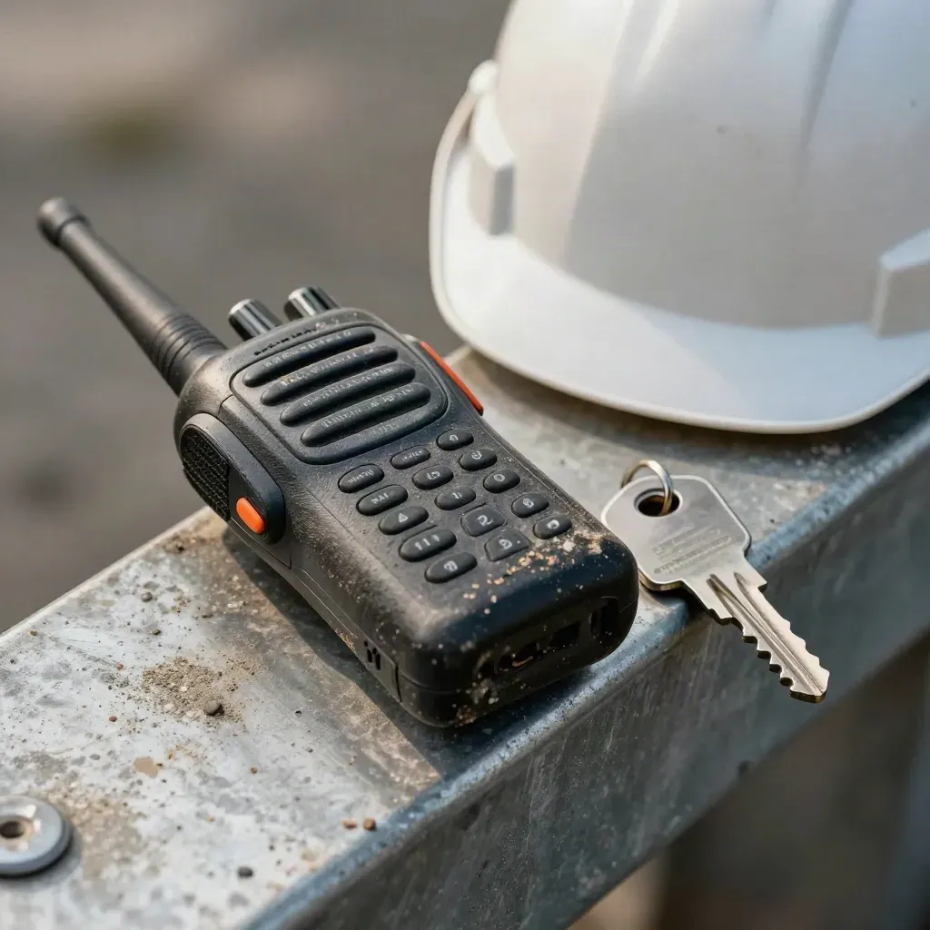 Walkie-talkie calar, helmet keselamatan dan tag kunci logam di atas keluli berhabuk.