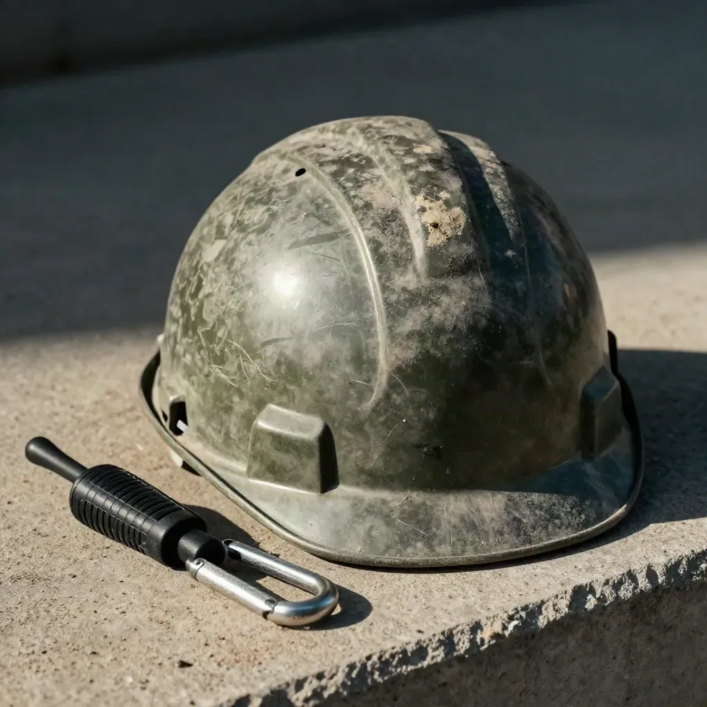 Topi keselamatan pudar, earpiece radio dan carabiner calar di atas konkrit berdebu.